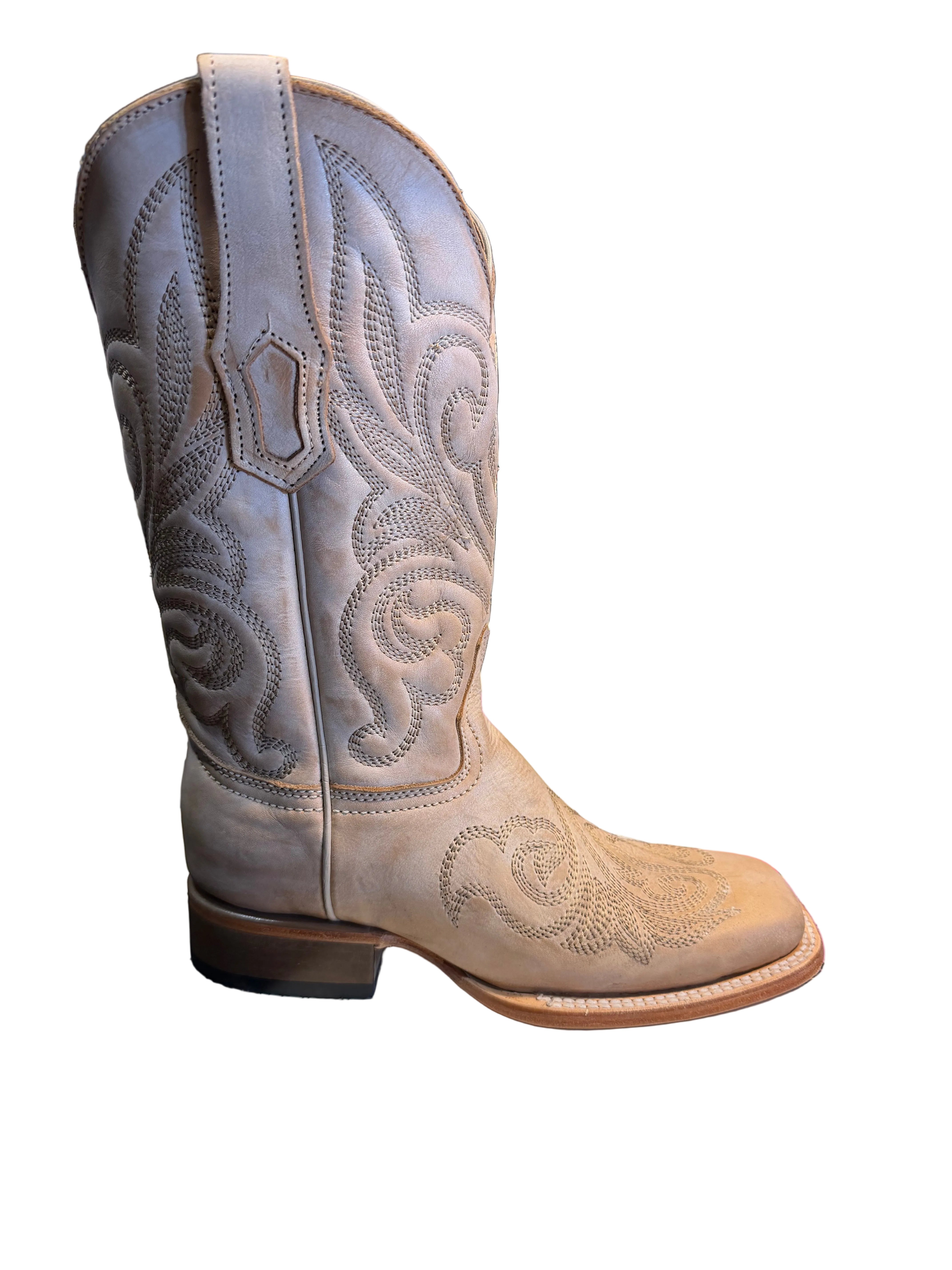 Circle G Ladies Bone Curved Embroidery Pattern Wide Square Toe Boot L6466