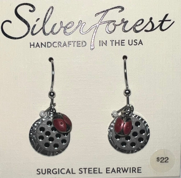 Silver Forest Lady Bug Earrings-NE-1812