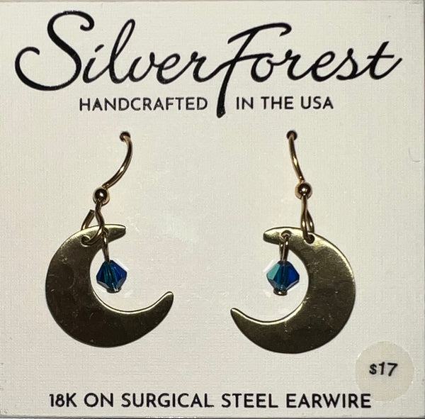 Silver Forest Moon with Blue Bead Earrings-NE-2399