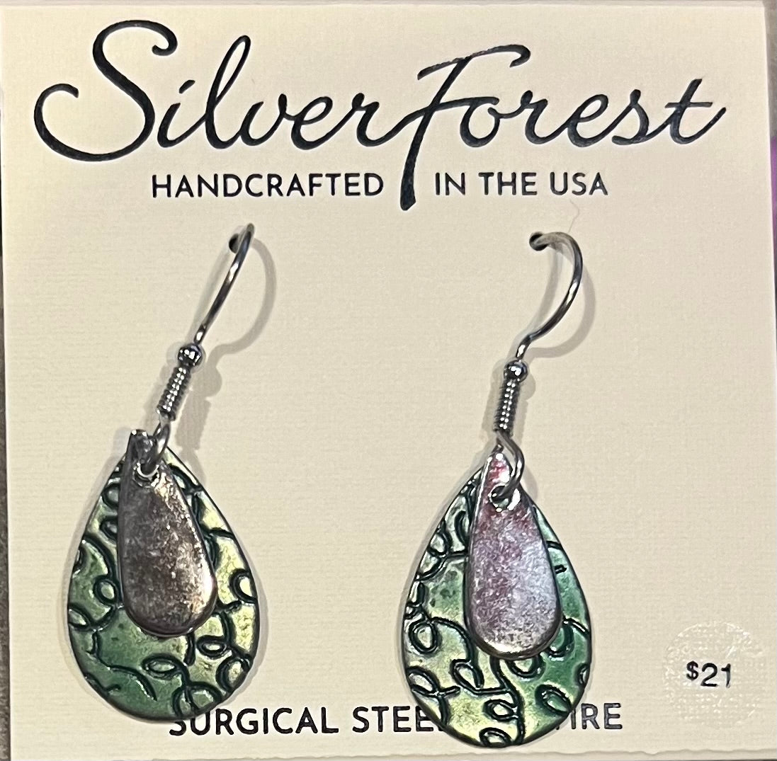 Silver Forest Green Drop Earrings-NE-1871