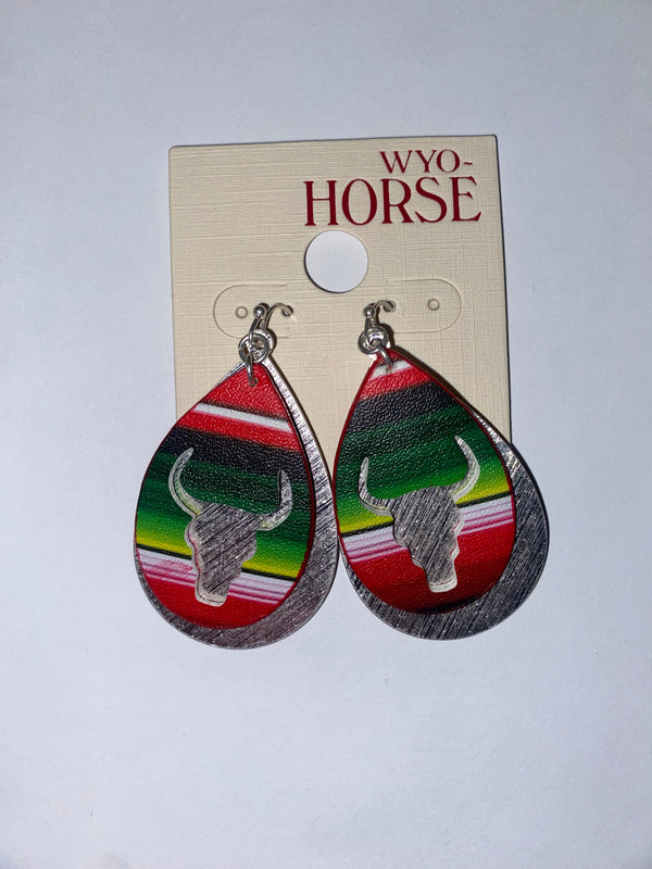 WYO Horse-Inc Steer Skull Cutout Leatherette and Metal Disk Earrings JE383SR