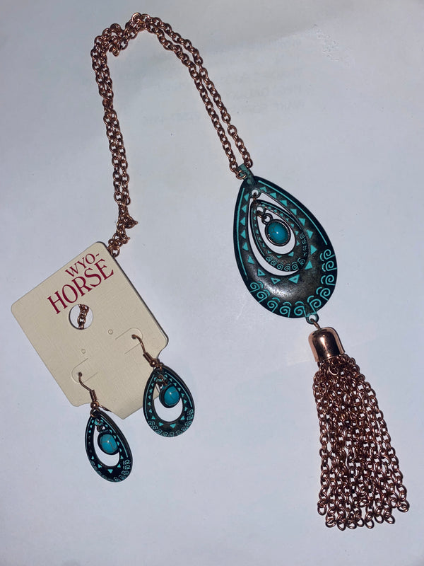 WYO Horse-Inc Metal Turquoise Drops with Metal Tassels Patina J191PT