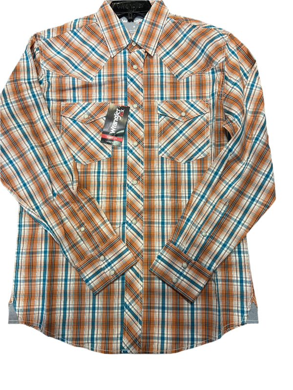 Wrangler Men's 20X Orange and Blue Plaid Long Sleeve-112367926