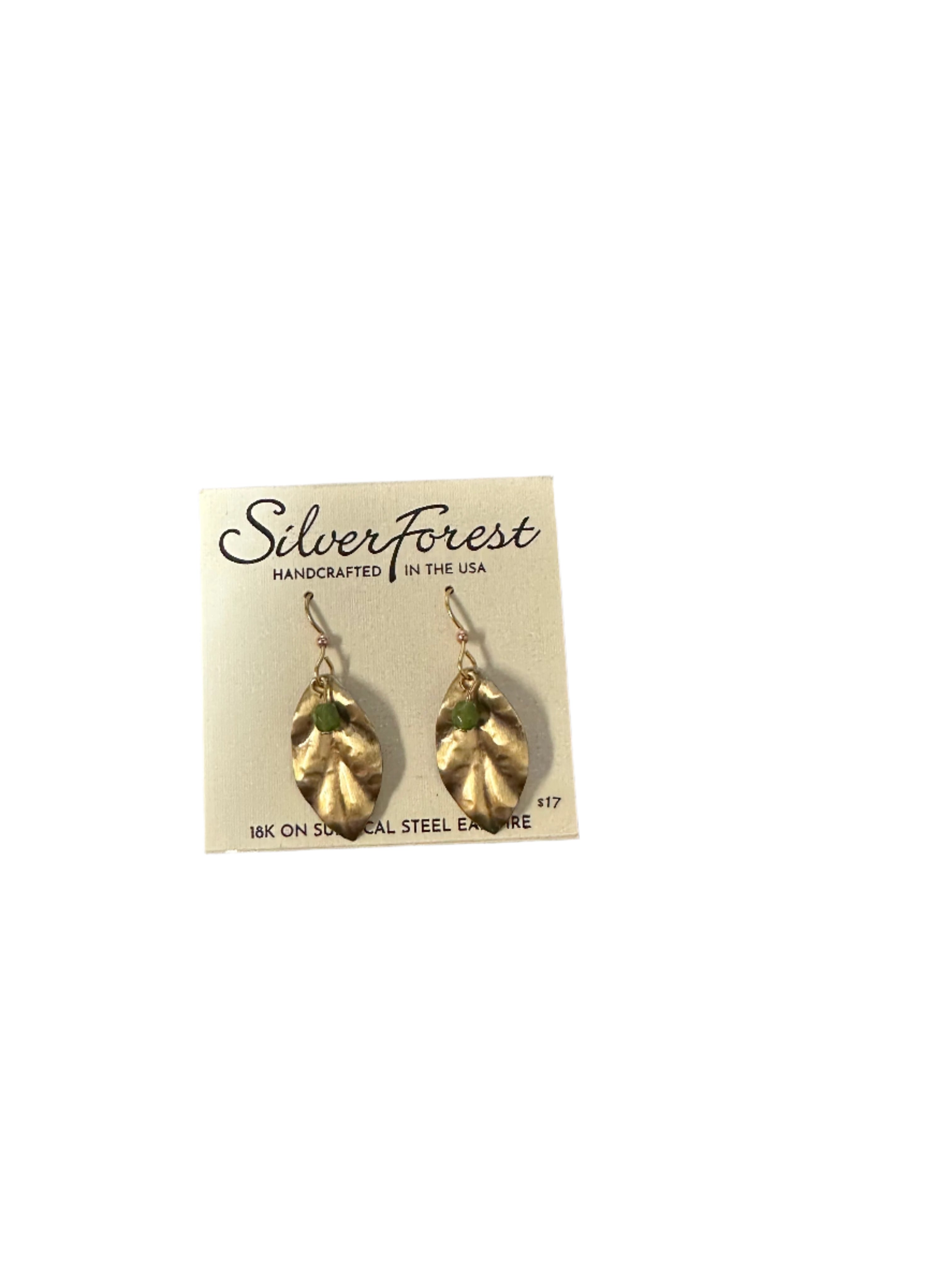Silver Forest Life Like Leaf with Green Bead earrings - NE-2398