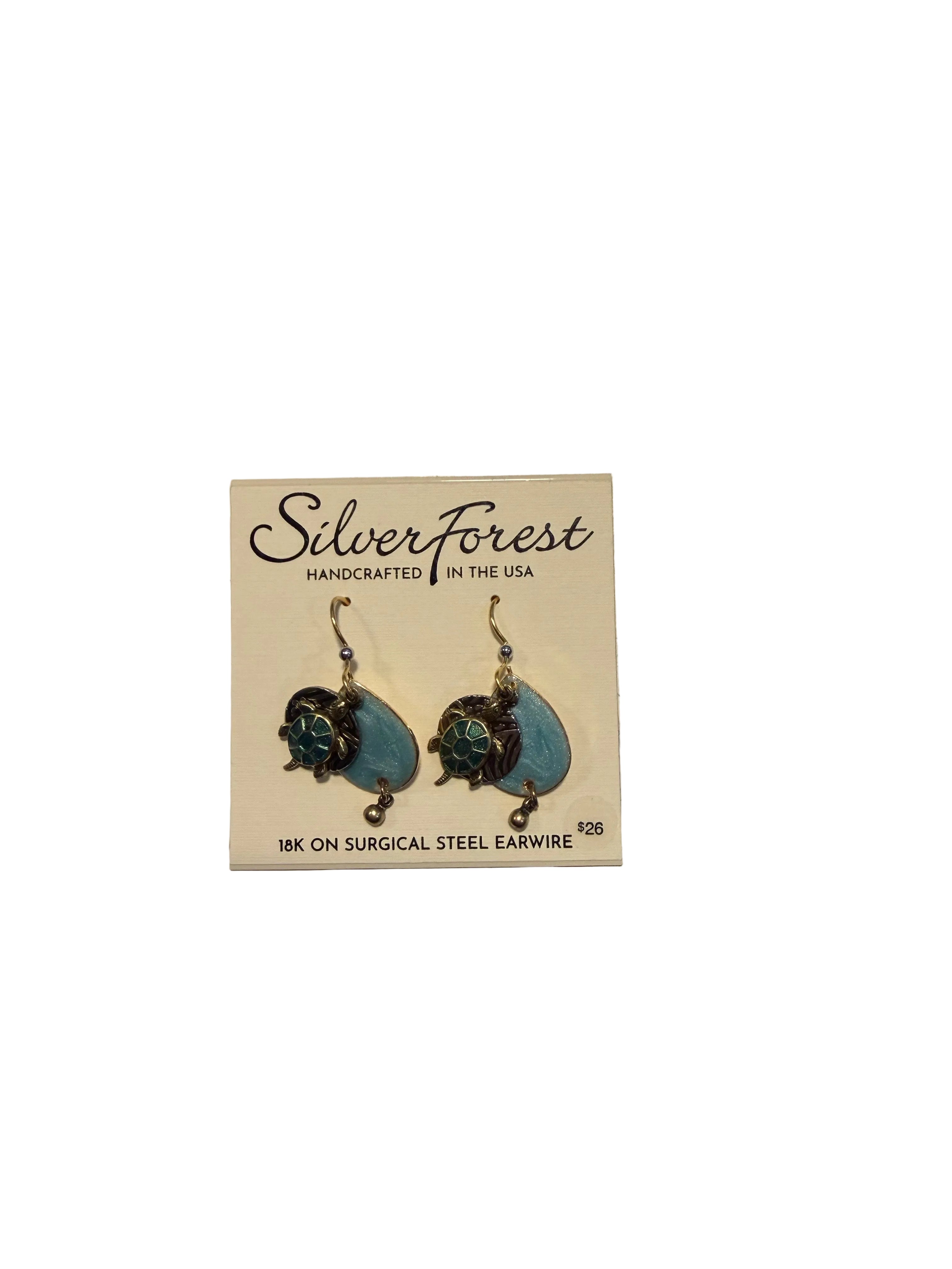 Silver Forest Sea Turtle On Blue Oval Earrings - E-8856A