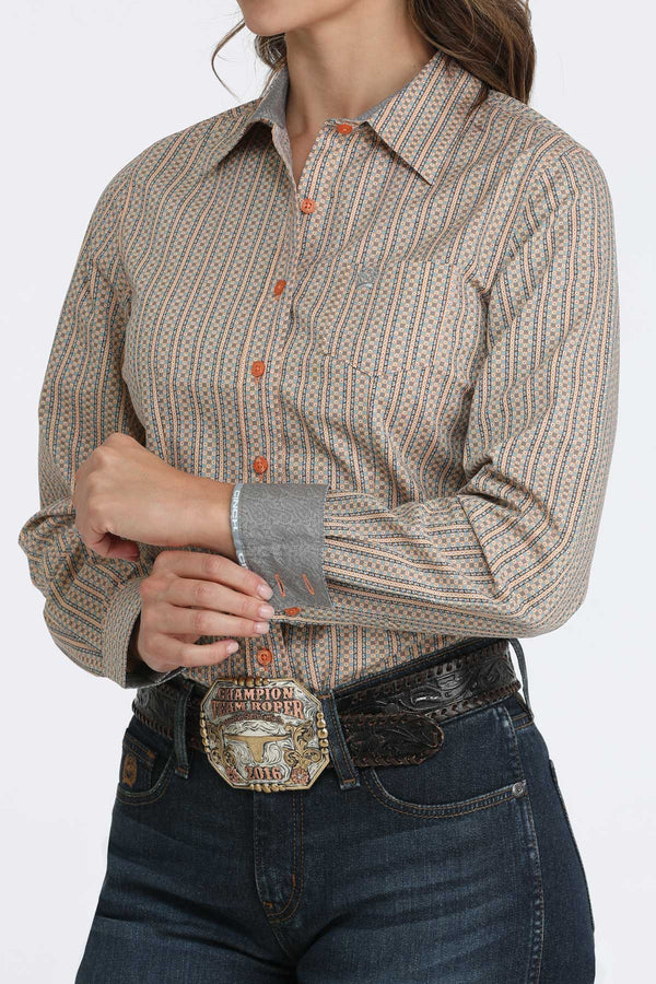 Cinch Ladies Orange and Teal Print Button Up-MSW9164251