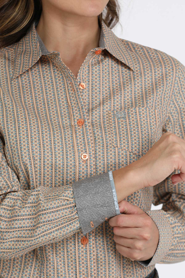 Cinch Ladies Orange and Teal Print Button Up-MSW9164251