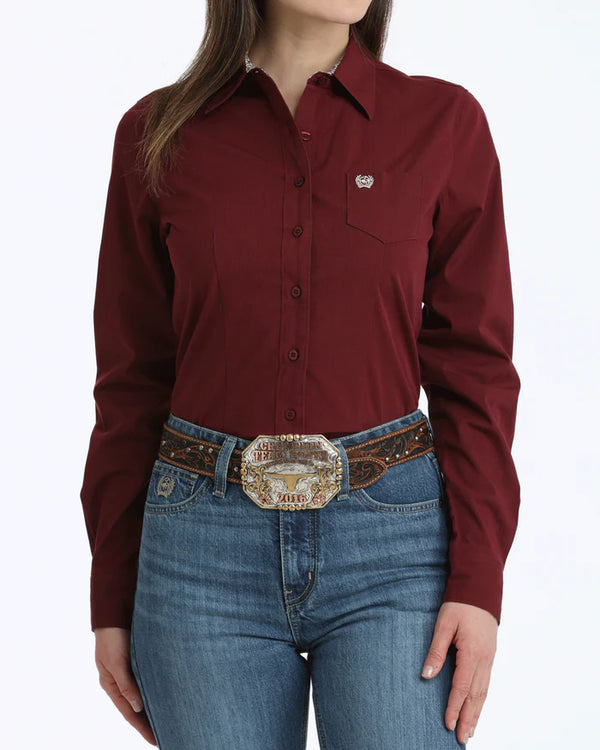 Cinch Ladies Stretch Arena Fit Western Button Down - Burgundy - MSW9164262