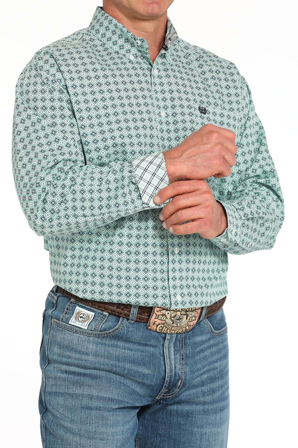 Cinch Mens Turquoise Diamond Print Button Up-MTW1105930