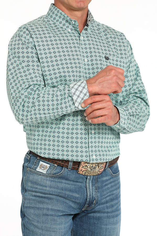 Cinch Mens Turquoise Diamond Print Button Up-MTW1105930