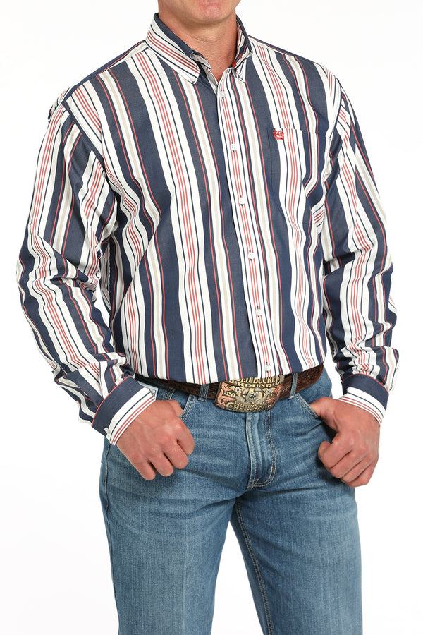 Cinch Mens Red White and Blue Pin Strip Button Up-MTW1105938