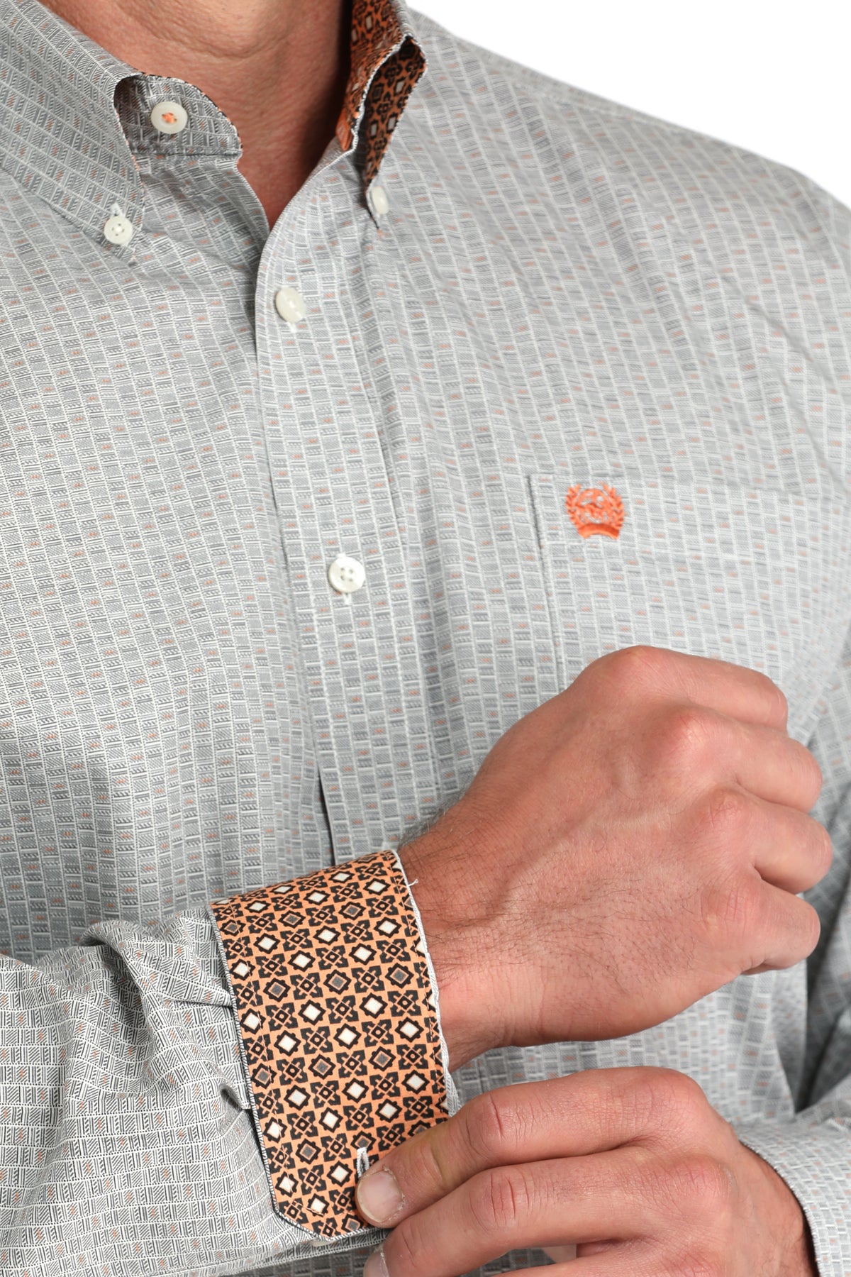 Cinch Mens Grey and Orange Print Button Down-MTW1105961