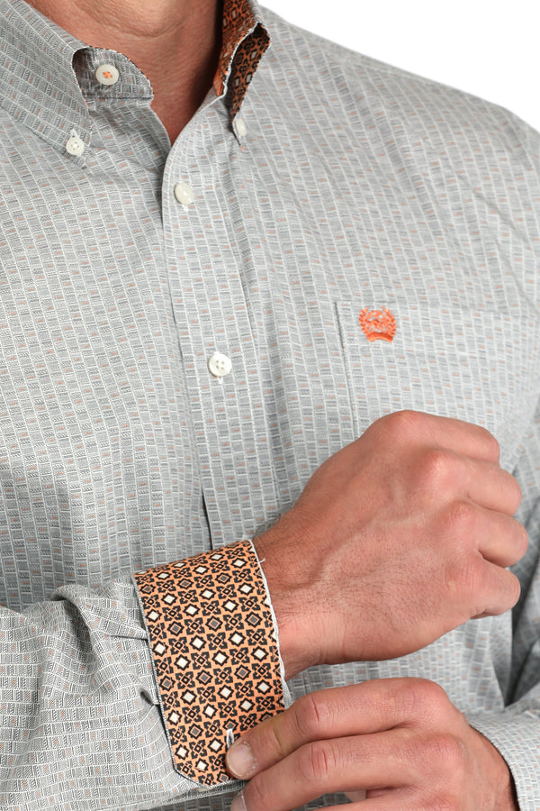 Cinch Mens Grey and Orange Print Button Down-MTW1105961