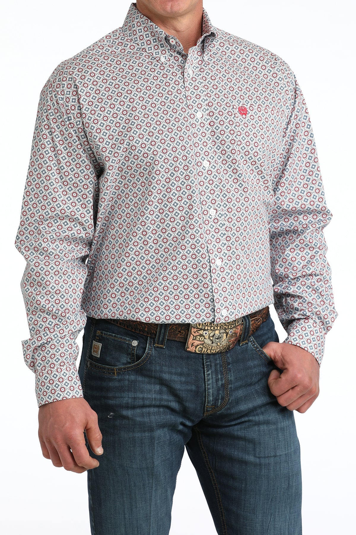 Men's Cinch White Geo Print Button Long Sleeve Shirt - MTW1106055