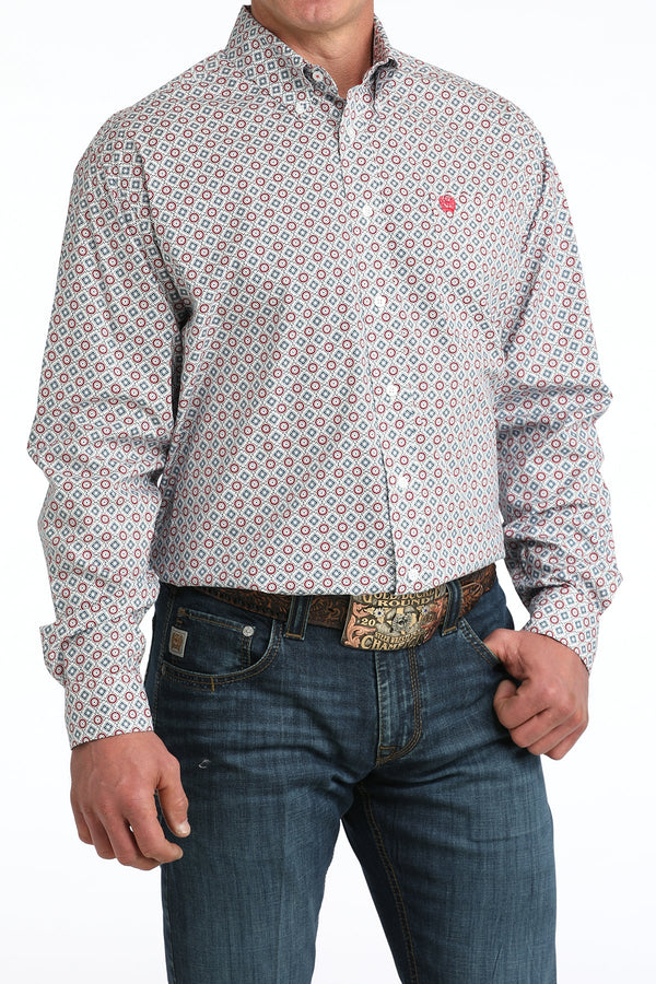 Men's Cinch White Geo Print Button Long Sleeve Shirt - MTW1106055