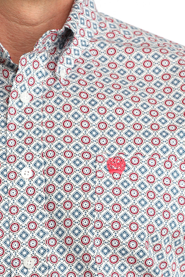 Men's Cinch White Geo Print Button Long Sleeve Shirt - MTW1106055