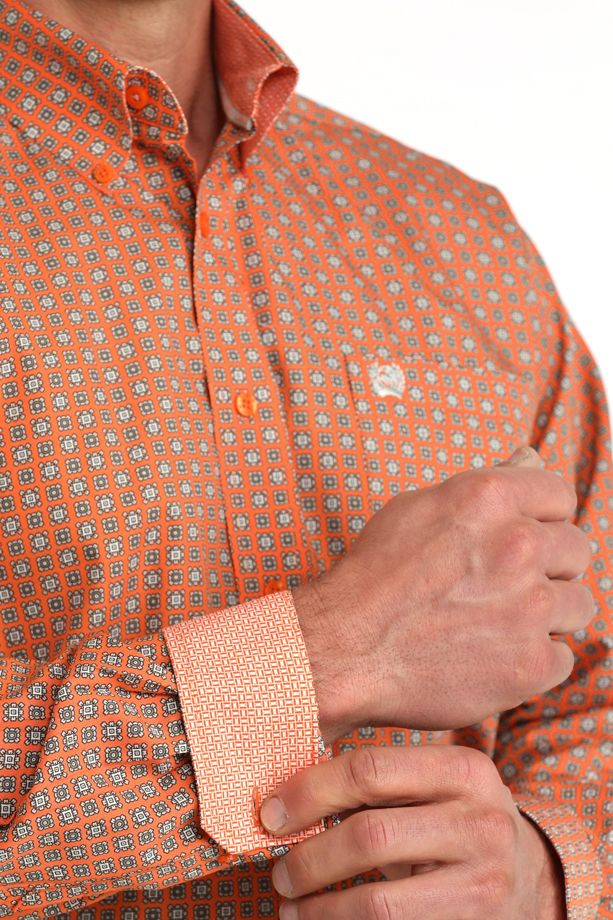 Cinch Mens Orange Geo Squares Long Sleeve Shirt-MTW1106057