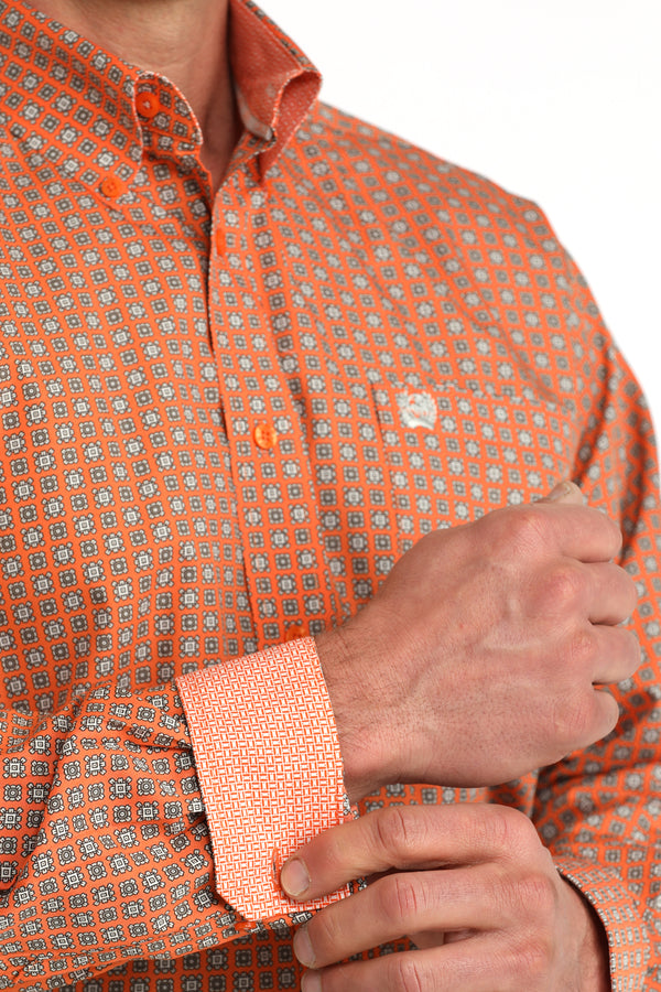 Cinch Mens Orange Geo Squares Long Sleeve Shirt-MTW1106057