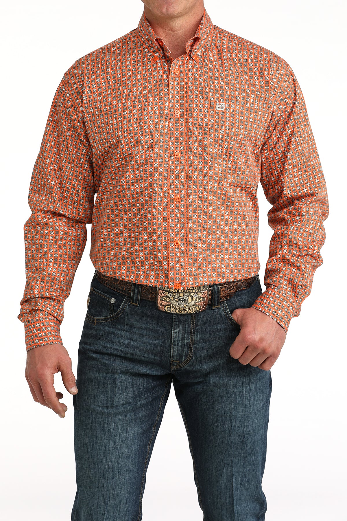 Cinch Mens Orange Geo Squares Long Sleeve Shirt-MTW1106057