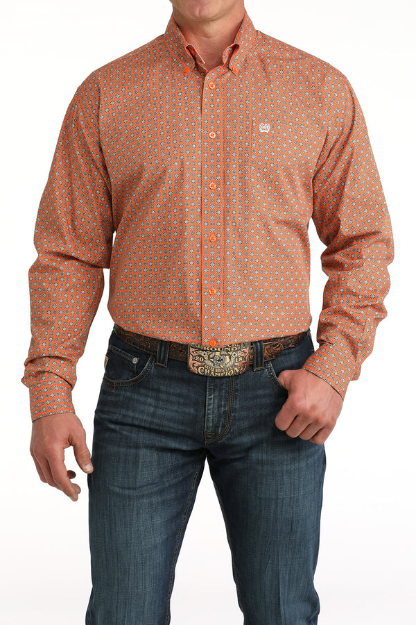 Cinch Mens Orange Geo Squares Long Sleeve Shirt-MTW1106057