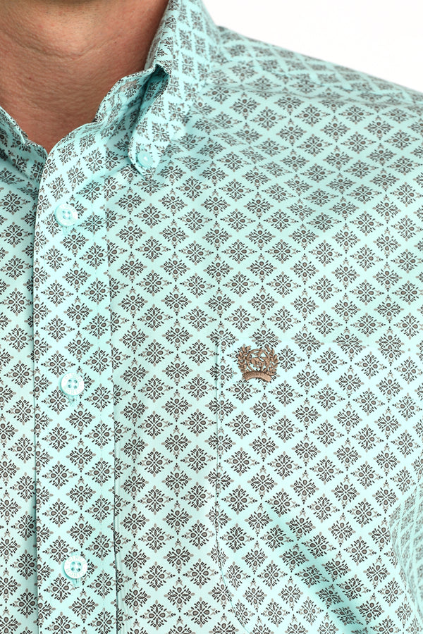 Cinch Mens Diamond Print Mint Blue Long Sleeve Shirt-MTW1106060