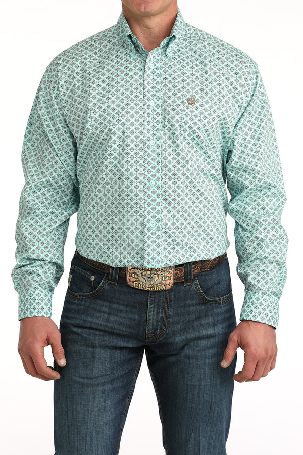 Cinch Mens Diamond Print Mint Blue Long Sleeve Shirt-MTW1106060