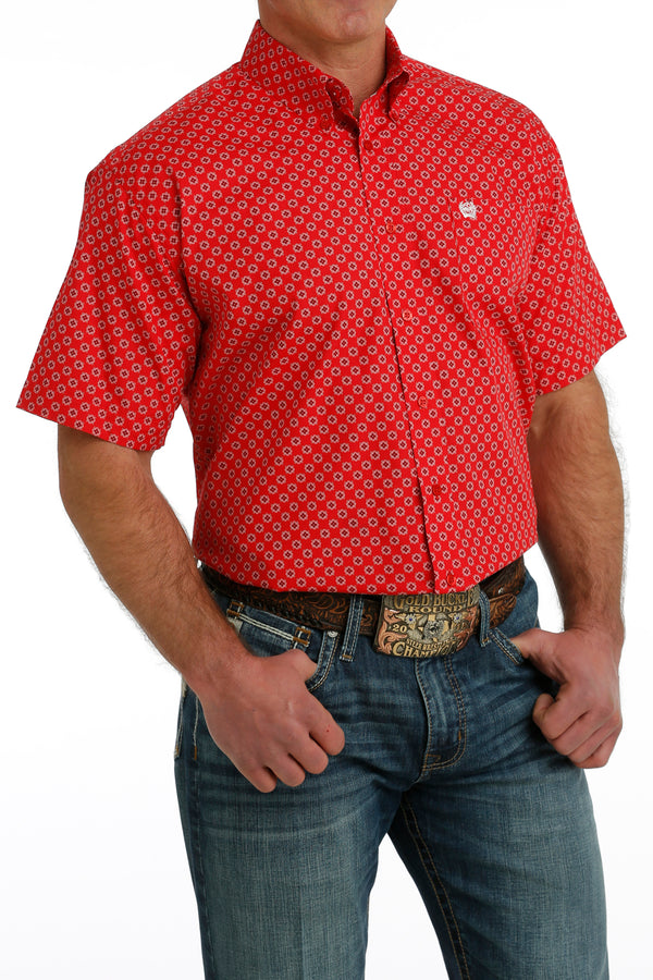 Cinch Mens Red Square Print Short Sleeve Shirt MTW1111450