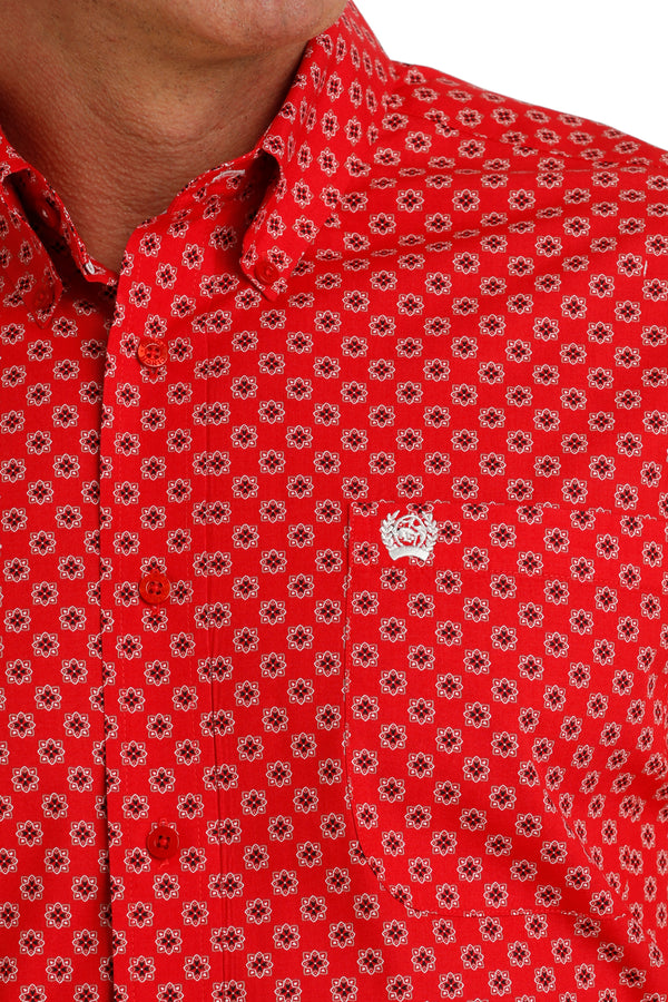 Cinch Mens Red Square Print Short Sleeve Shirt MTW1111450