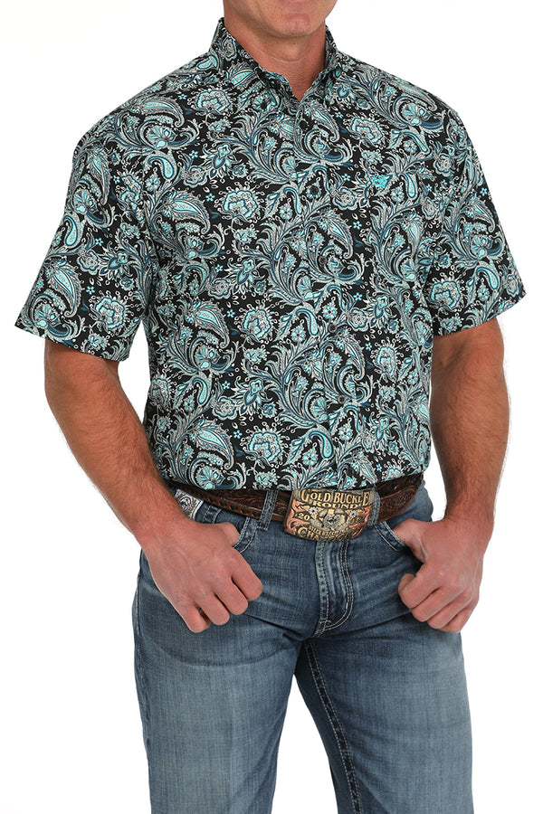 Cinch Mens Black and Blue Paisley Short Sleeve Shirt-MTW1111480