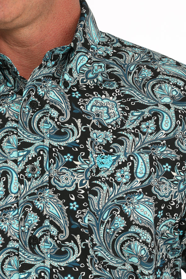 Cinch Mens Black and Blue Paisley Short Sleeve Shirt-MTW1111480