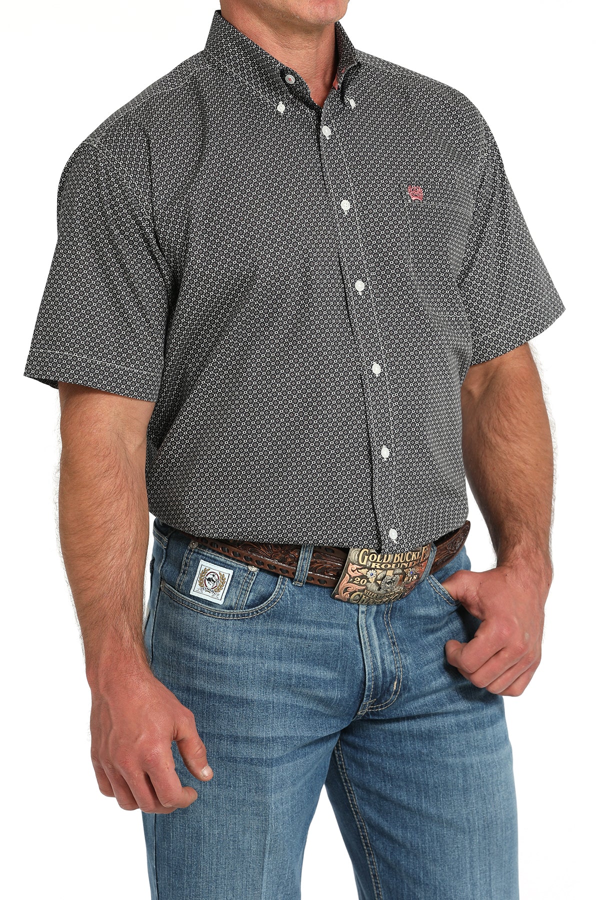 Cinch Mens Black Floral Pattern Button Up Shirt-MTW1111482