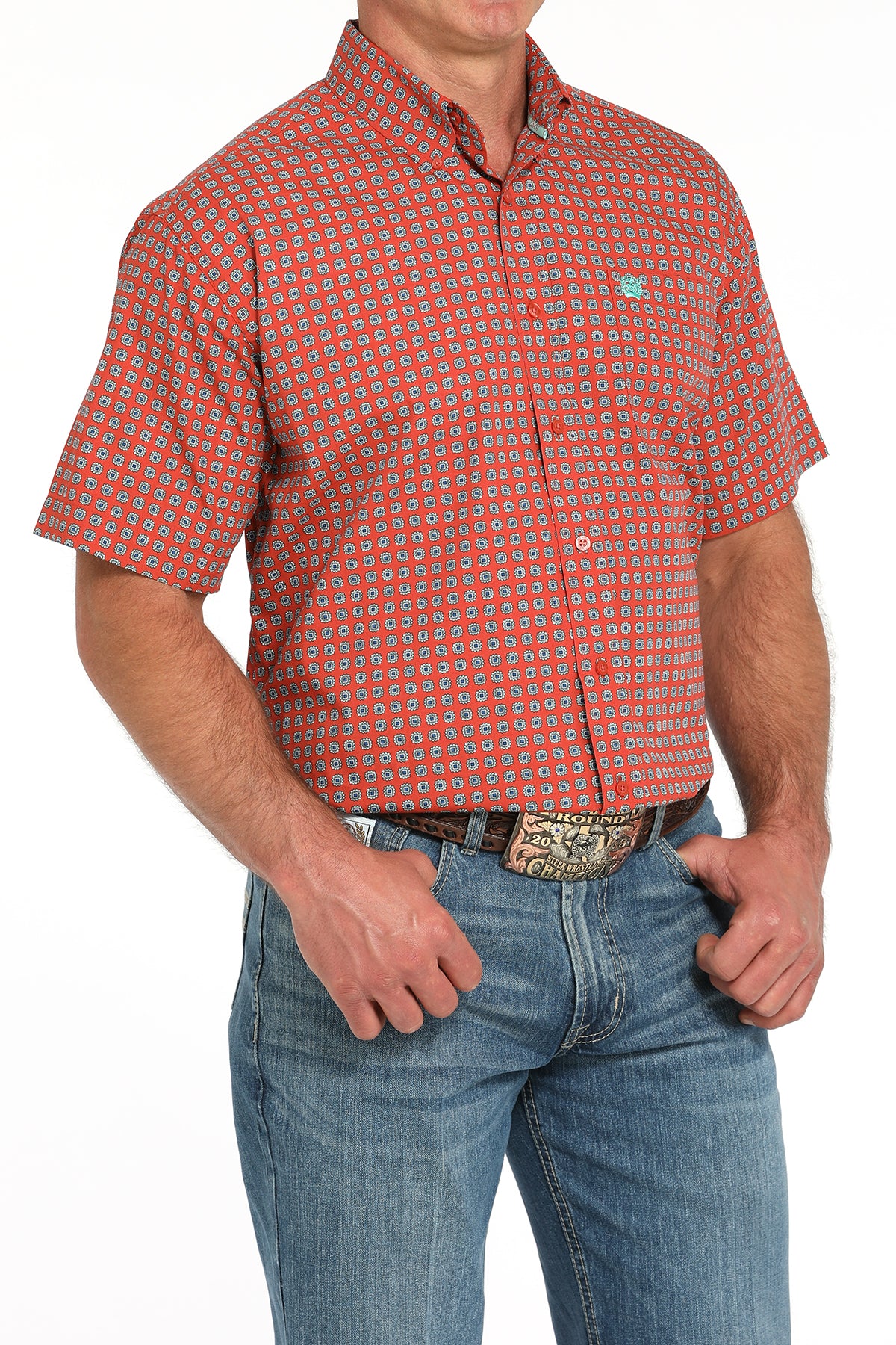 Cinch Mens Orange and Blue Print Short Sleeve Button Up-MTW1111488