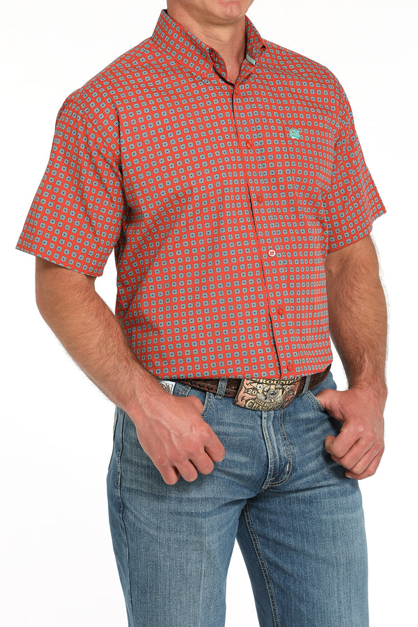 Cinch Mens Orange and Blue Print Short Sleeve Button Up-MTW1111488