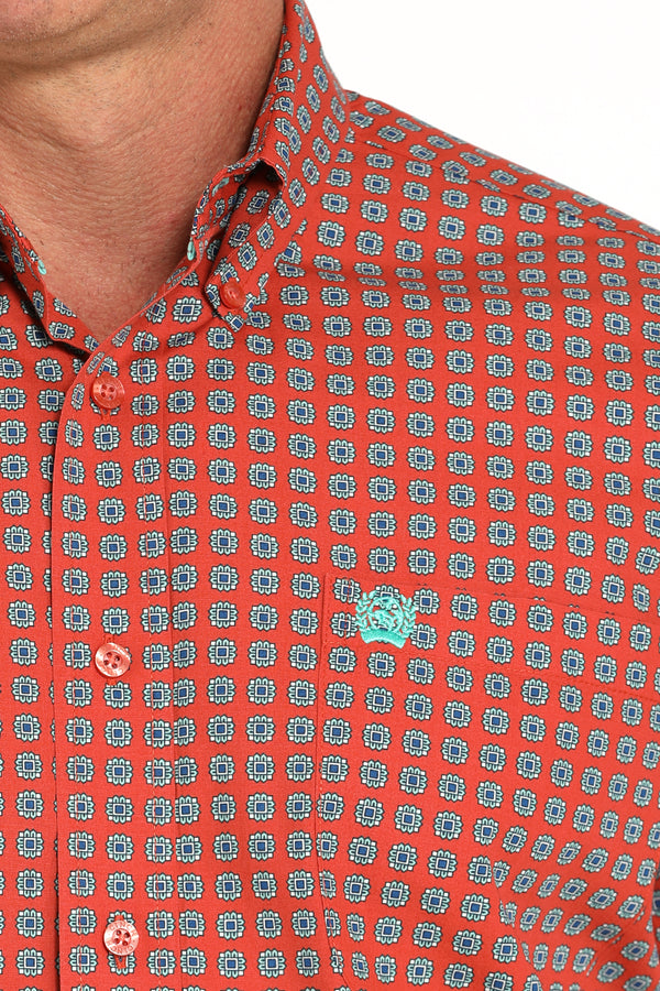Cinch Mens Orange and Blue Print Short Sleeve Button Up-MTW1111488