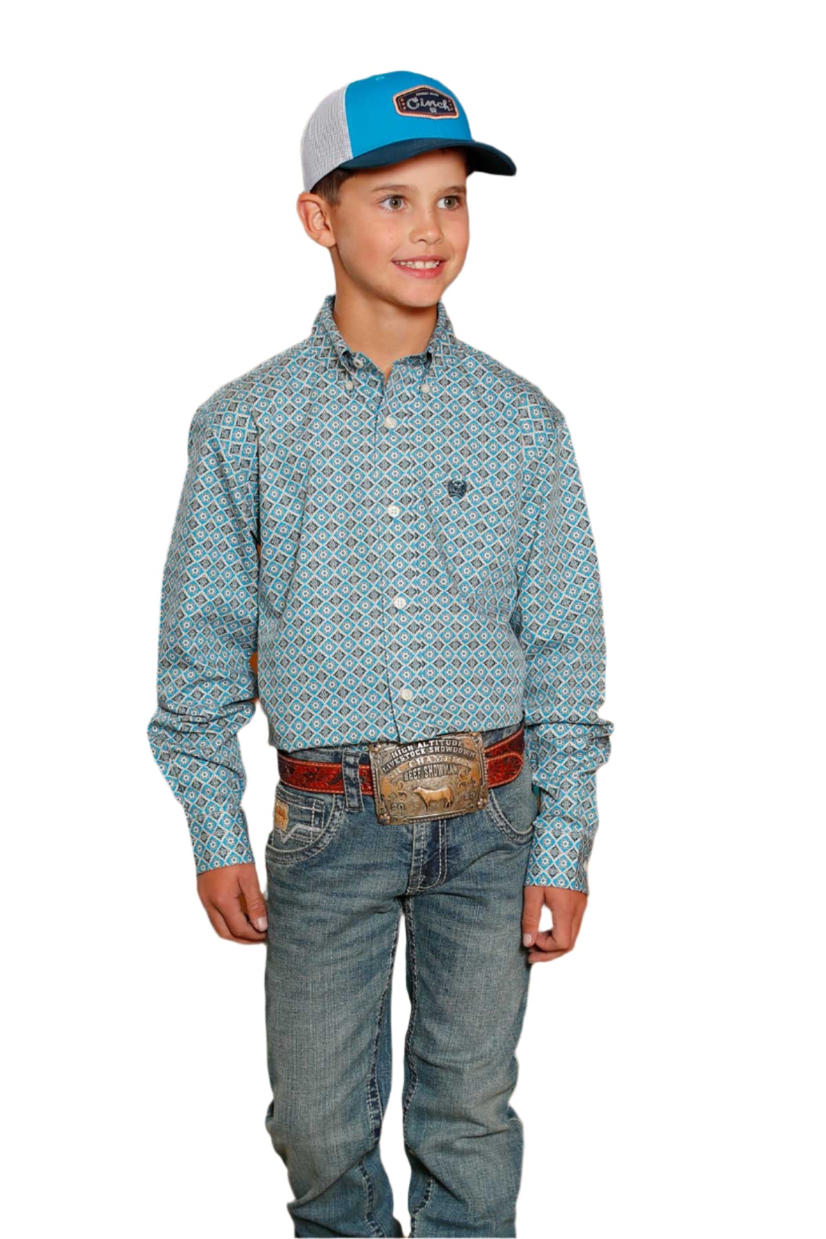 Cinch Youth Blue Print Button Down Shirt-MTW7060386
