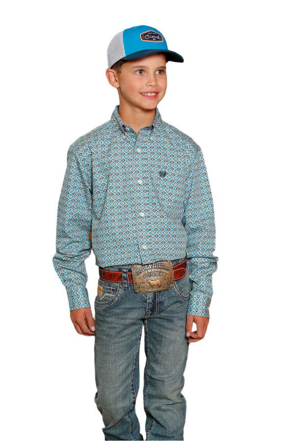 Cinch Youth Blue Print Button Down Shirt-MTW7060386