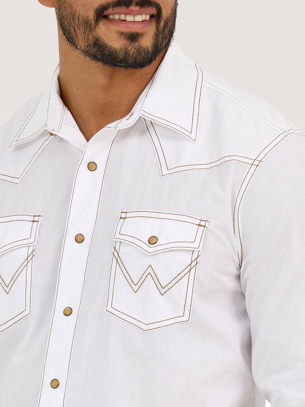 Wrangler Men's Retro Long Sleeve Western Snap Solid Dobby Shirt White MVR531W