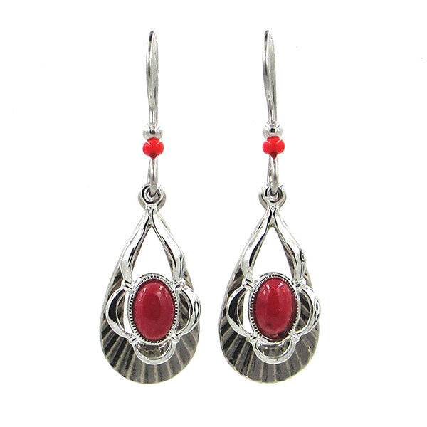 Silver Forest Earrings Ribbed Open tear with Red Stone - NE-1729