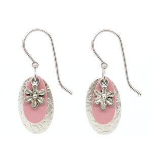 Silver Forest Pink Oval Layer with Flower Earrings - NE-2248