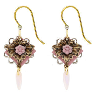 Silver Forest Vintage Flower with Pink Drop Earrings  - NE-2253