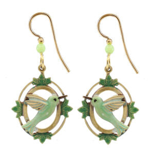 Silver Forest Green Hummingbird in Vintage Frame Earrings - NE-2359