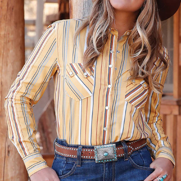 Cruel Denim Ladies Striped Pear Snap Shirt - Yellow - CTW7250010