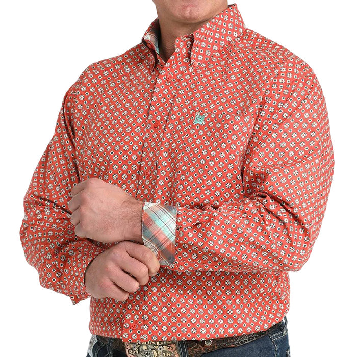 Cinch Men's Long Sleeve Geo Print Button Down Shirt - Red - MTW1106038