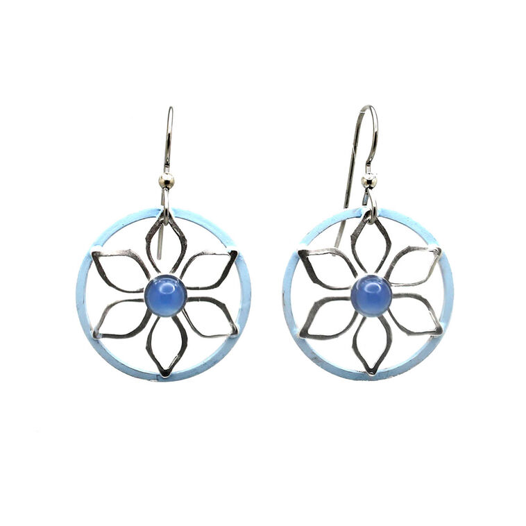 Silver Forest Open Flower With Blue Onyx Silver Metal Earrings - NE-2163