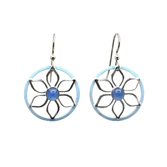 Silver Forest Earrings Open Flower With Blue Onyx Silver Metal - NE-2163
