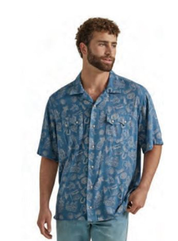 Wrangler Mens Short Sleeve Blue Coconut Cowboy Short Sleeve Shirt 112346493
