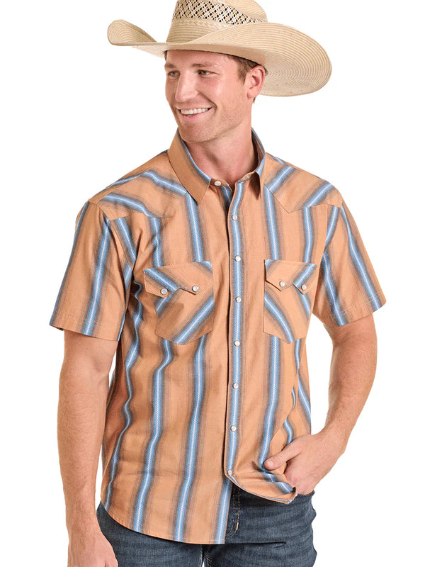 Panhandle Slim Men's Tan & Blue Stripe Shirt - PMN3S06573
