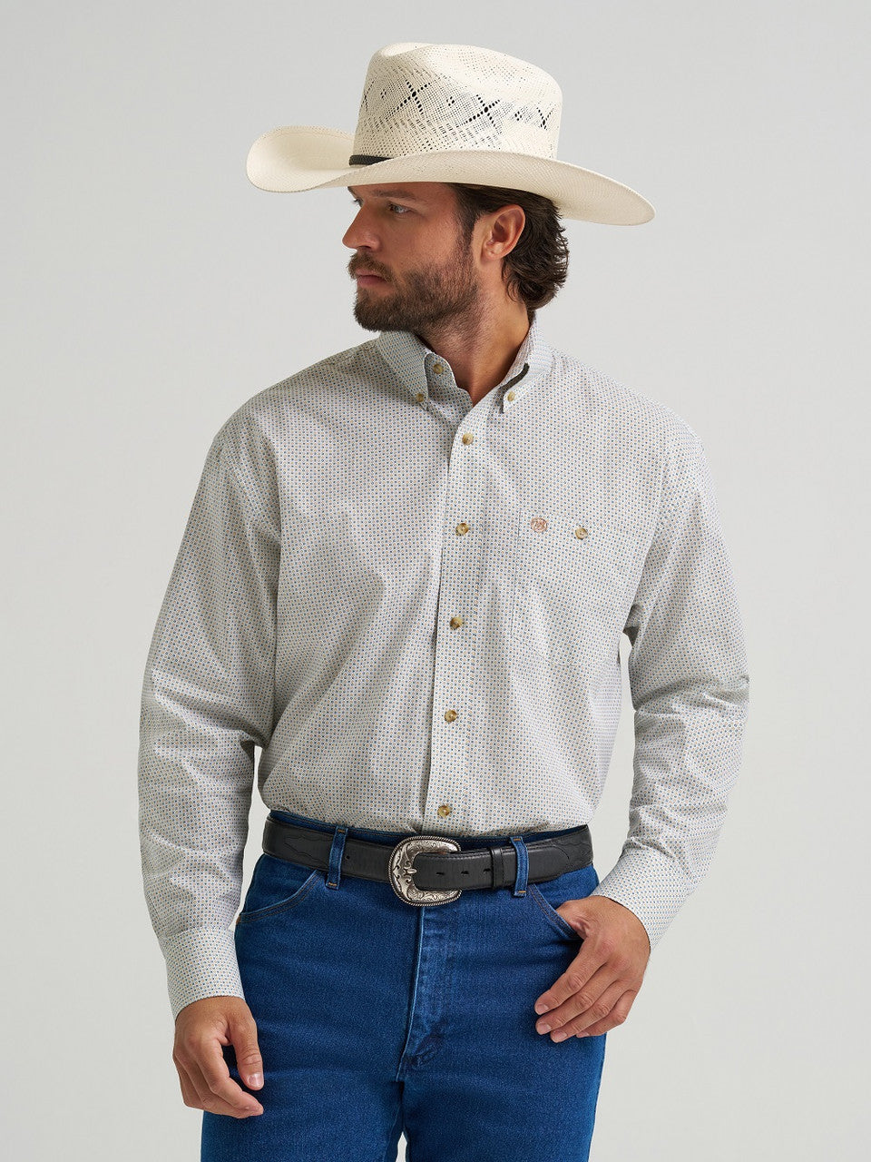 Wrangler Men's Relaxed Fit White Print Button Down Shirt-112374625