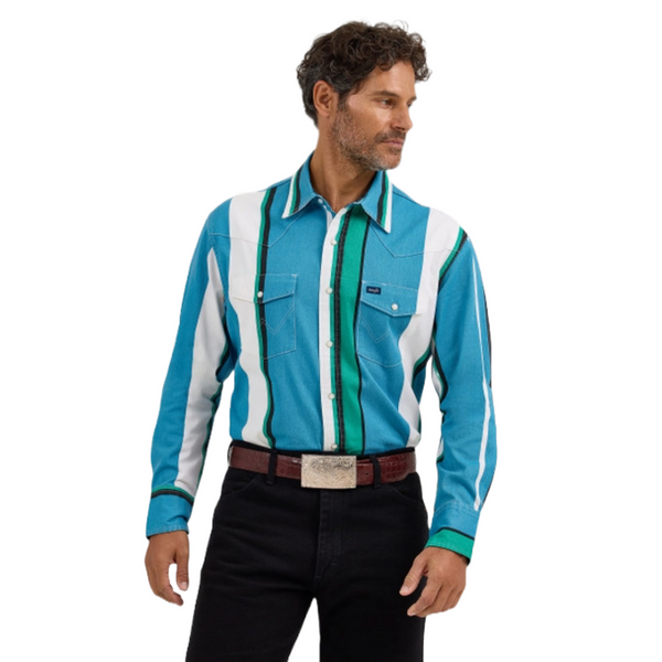 Wrangler Men's Vintage Inspired Blue Muti Stripe Snap Shirt-112368191