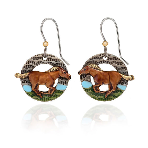 Silver Forest Running Horse Silver Metal Drop Earrings - NE-1976